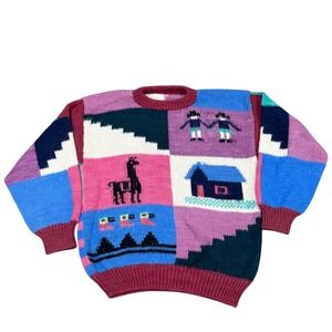 RARE Alpaca Wool‎ Sweater Colorful Patchwork Vintage Style Knit Large
